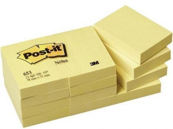 Pack 12 tacos notas post-it 653 amarillas 38x51mm