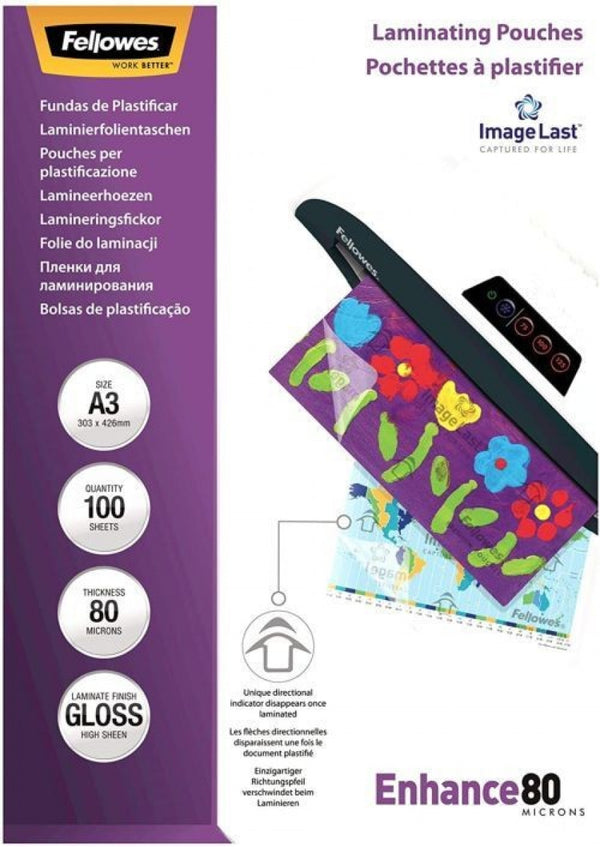 PACK 100 FUNDAS PLASTIFICAR A3 80 MICRAS BRILLO FELLOWES