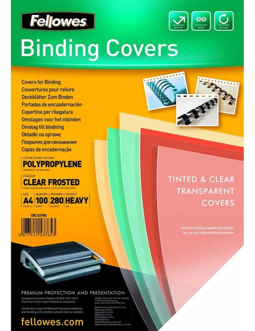 caja 100 tapa encuadernación a4 polipropileno 300 micras transparente fellowes