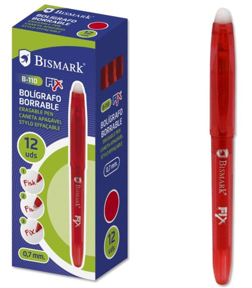 C/12 boligrafo bismark borrable rojo punta 0,7mm con capuchon