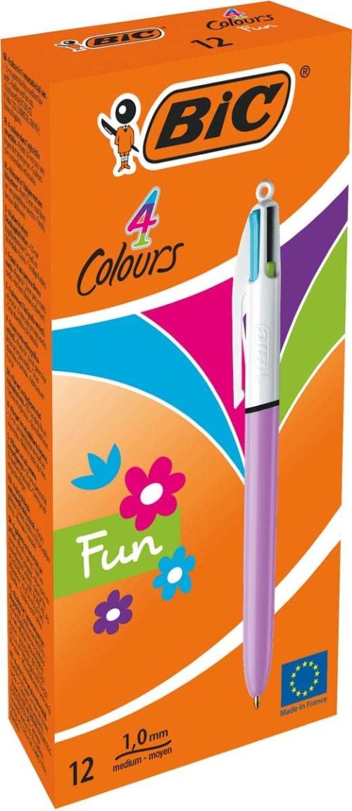 C/12 BOLIGRAFOS BIC 4 COLORES FUN PUNTA 1MM LILA PASTEL