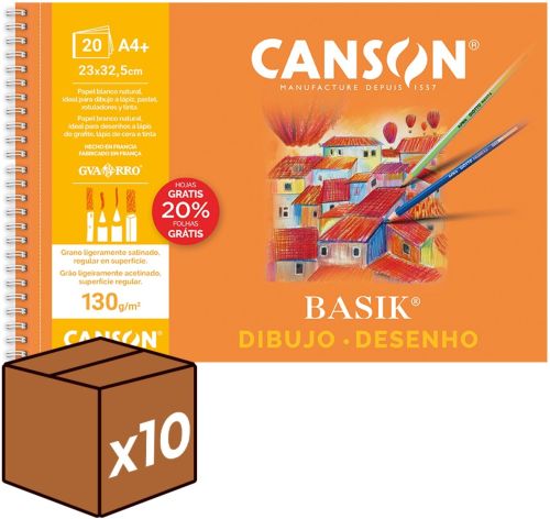 (pack 10u.) bloc dibujo espiral basik liso a4+ 20h 130g. Microperforado 20% de hojas gratis