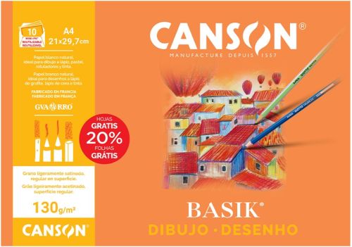 Minipack 10 láminas dibujo basik liso A4 21X29,7cm 130g. 20% de hojas gratis