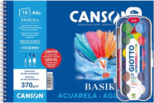 Bloc dibujo espiral basik acuarela y tempera a4+ 370g.+ estuche de acuarelas giotto y 1 pincel de regalo