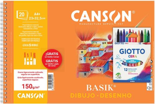 Bloc dibujo basik premium espiral a4+ 20h 150g. liso + Estuche 12 ceras giotto gratis