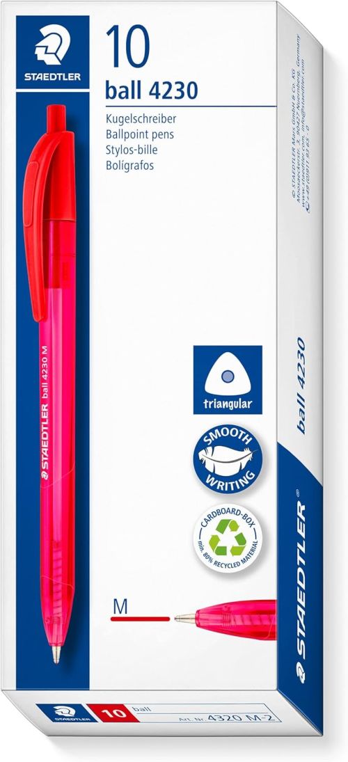 C/10 boligrafo trianglar retráctil staedtler ball 4230 punta M color rojo