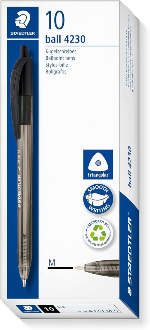 C/10 boligrafo triangular retráctil staedtler ball 4230 punta M color negro