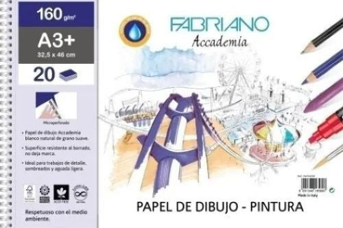 Bloc dibujo espiral tempera-acuarela a3+ 20h 160g. microperforado fabriano
