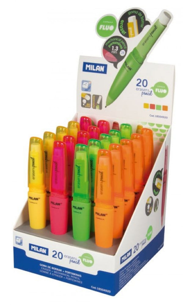 Exp 20 portaminas + goma 1,3mm 2b capsule serie fluo