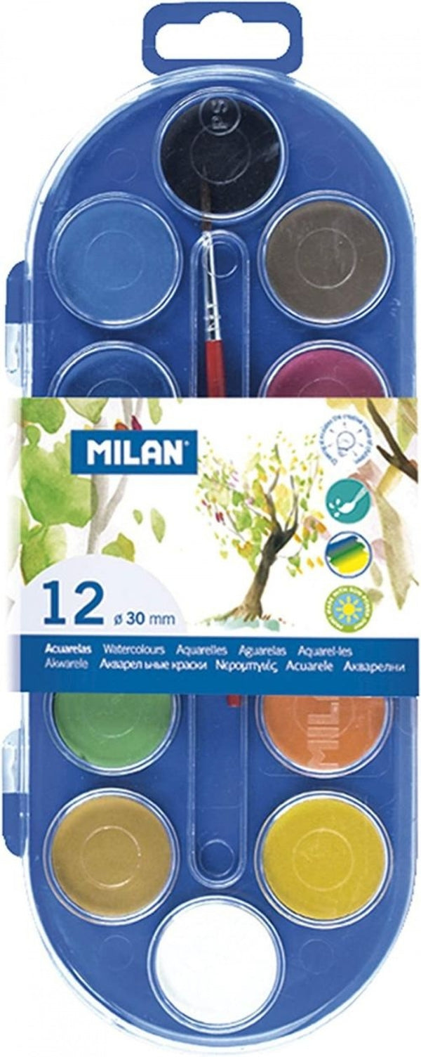 Estuche plastico 12 pastillas de acuarela + 1 pincel colores surtidos milan