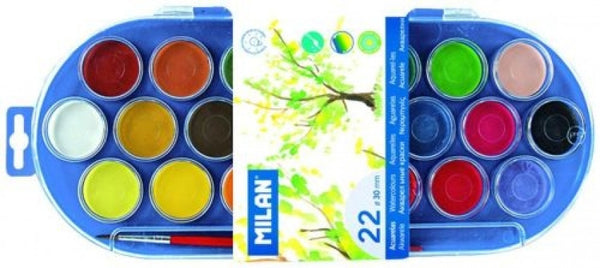 Estuche plastico 22 pastillas de acuarela + 1 pincel colores surtidos milan