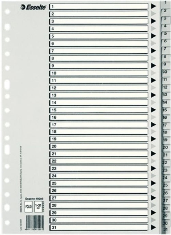 Bolsa indices numericos 1-31 folio multitaladro polipropileno 125 micras