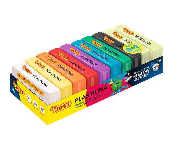 C/10 tacos plastilina jovi 70/10g glow in the dark 8 colores básicos y 2 fosforescentes