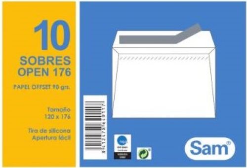 PAQ/10 sobre autoadhesivo con tira de silicona normalizado open 176 (120x176) offset blanco 90g.