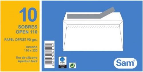 PAQ/10 sobre autoadhesivo con tira de silicona open 110 (10X220) offset blanco 90g.
