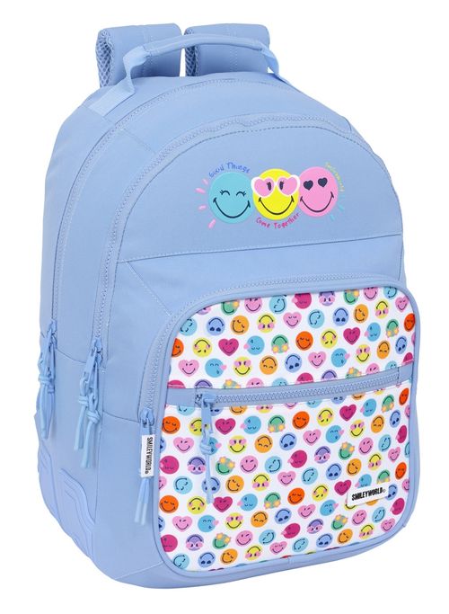 MOCHILA DOBLE ADAPTABLE CARRO RECICLADO SMILEY WORLD JOYFUL 32x42x15cm