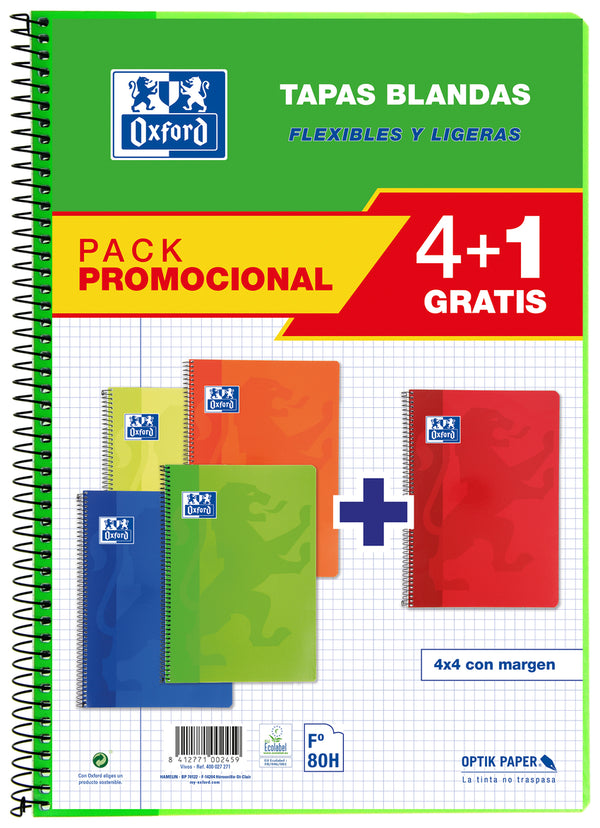 Pack 4+1 cuaderno espiral fº 80h 90g. cuad.4x4 c/m colores tendencia tapa blanda