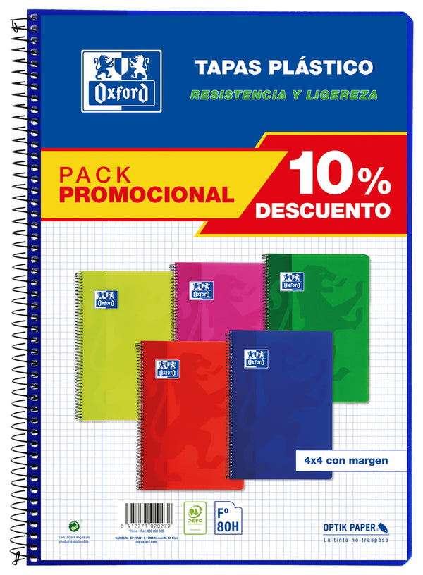 Pack 5 cuaderno espiral Fº 80h 90g. cuadrícula 4x4 c/m tapa plastico colores vivos