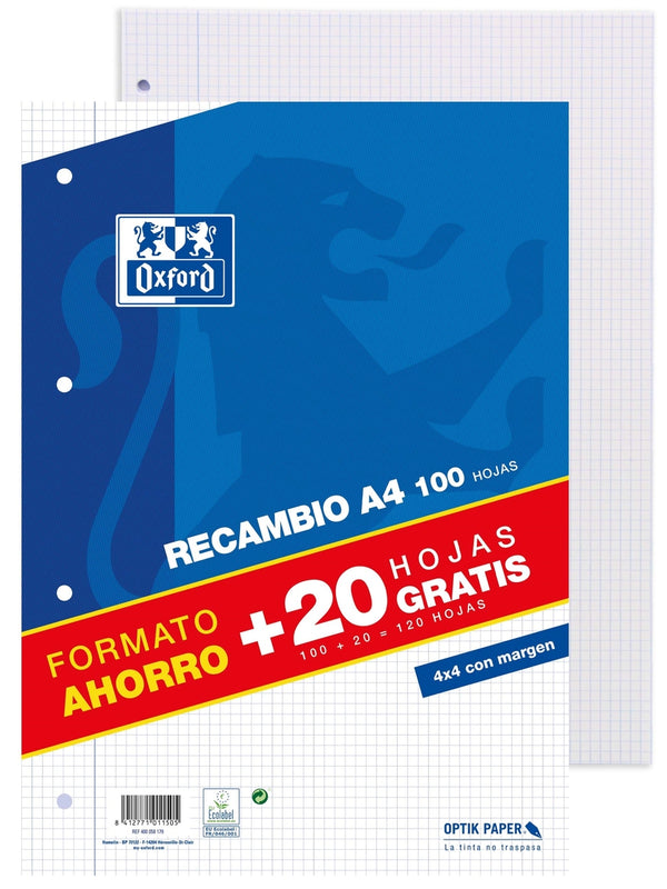 Recambio a4 100+20h 4 taladros 90g. cuad.4x4 c/m oxford