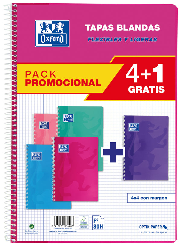 Pack 4+1 cuaderno espiral fº 80h 90g. cuad.4x4 c/m colores tendencia tapa blanda
