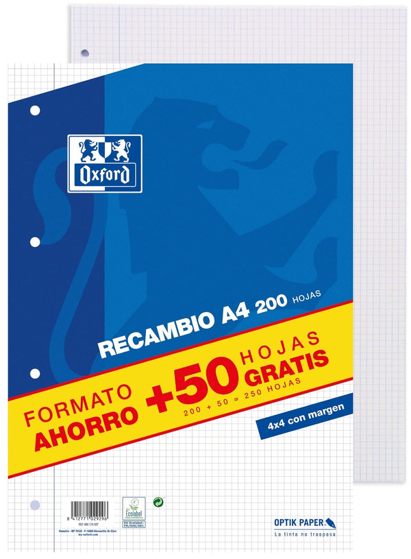 Recambio a4 200+50h 4 taladros 90g. cuad.4x4 c/m oxford