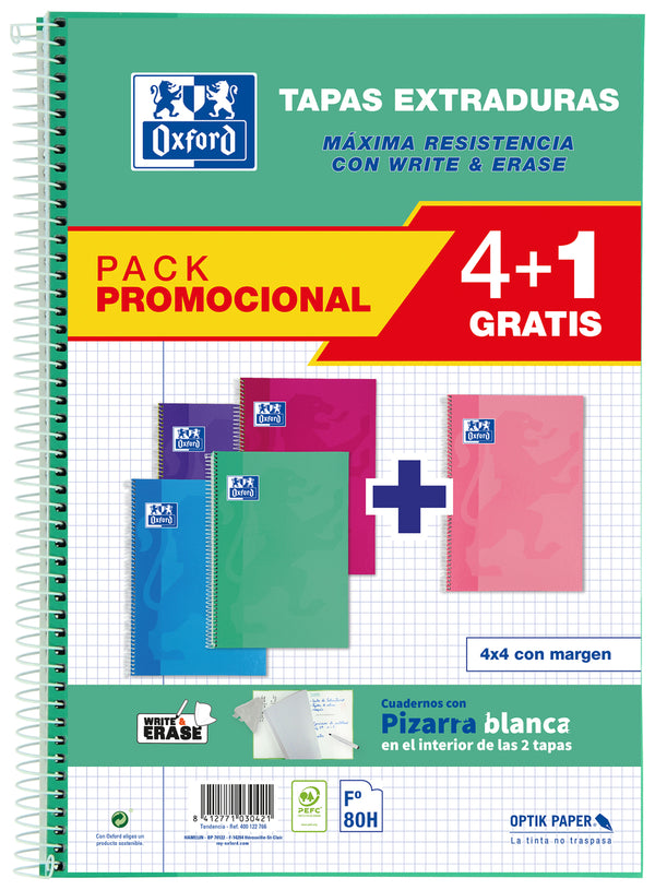 Pack 4+1 cuaderno espiral fº 80h 90g. cuad.4x4 c/m tapa extradura colores tendencia