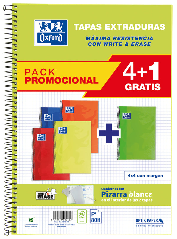 Pack 4+1 cuaderno espiral fº 80h 90g. cuad.4x4 c/m tapa extradura colores vivos