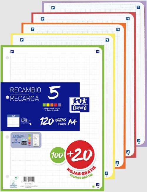 Recambio multicolor a4 100+20h 90g 4 taladros cuadricula 5x5 con 5 colores de banda vivos