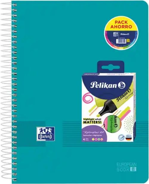Pack cuaderno espiral a4+ 160h 90g cuad.5x5 ebook8 live&go + pack 4 marcadores fluorescentes textmaker 490