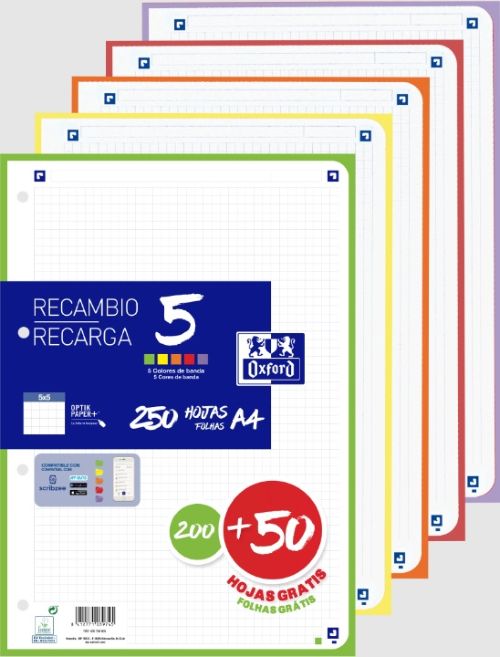 Recambio 5 multicolor A4 200+50h 90g 4 taladros cuadricula 5x5 con 5 colores de banda vivos