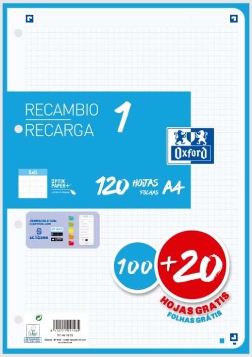Recambio 1 color a4 100+20h 90g cuadricula 5x5 color banda turquesa