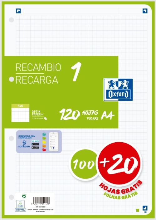 Recambio 1 color a4 100+20h 90g cuadricula 5x5 color banda verde