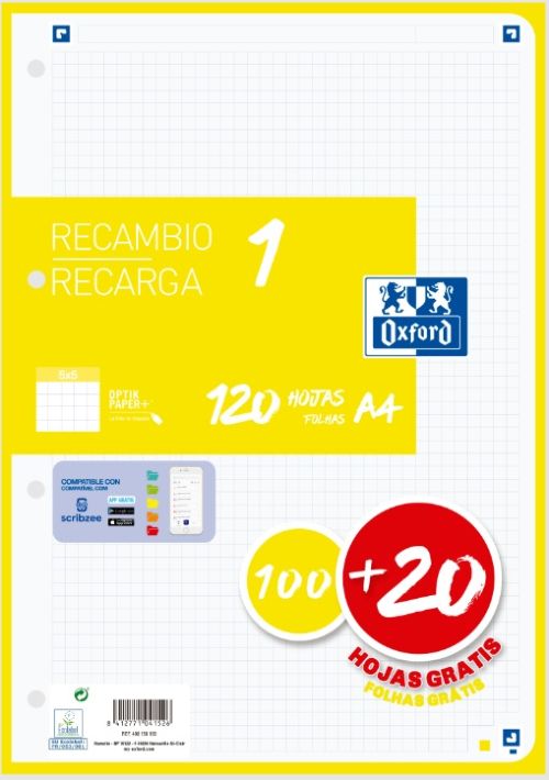 Recambio 1 color a4 100+20h 90g cuadricula 5x5 color banda amarillo