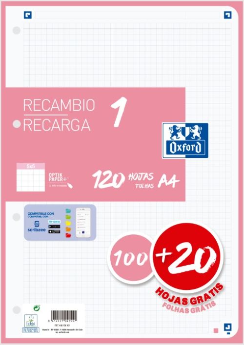 Recambio 1 color a4 100+20h 90g cuadricula 5x5 color banda rosa chicle