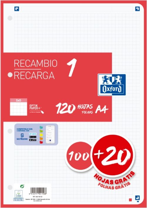 Recambio 1 color a4 100+20h 90g cuadricula 5x5 color banda rojo