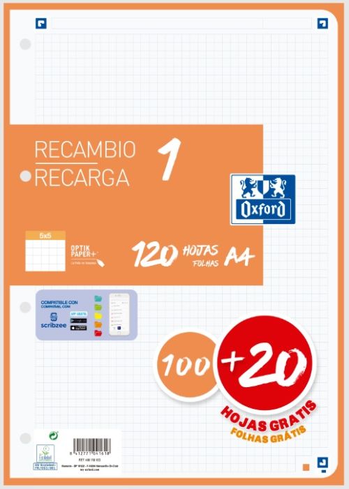 Recambio 1 color a4 100+20h 90g cuadricula 5x5 color banda naranja