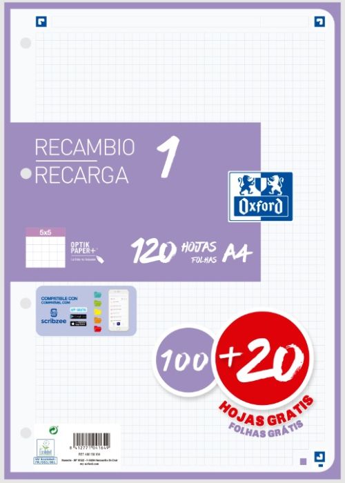 Recambio 1 color a4 100+20h 90g cuadricula 5x5 color banda lila