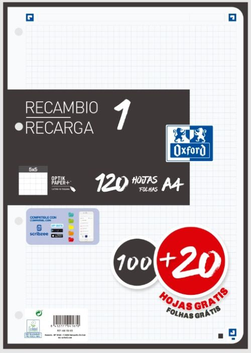 Recambio 1 color a4 100+20h 90g cuadricula 5x5 color banda negro