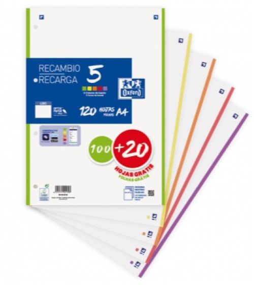 Recambio 5 multicolor a4 100+20h 90g 4 taladros liso con 5 colores de banda vivos