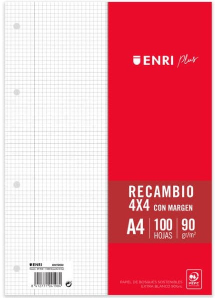 Recambio a4 4 taladros 100h 90g cuadrícula 4x4 con margen enri