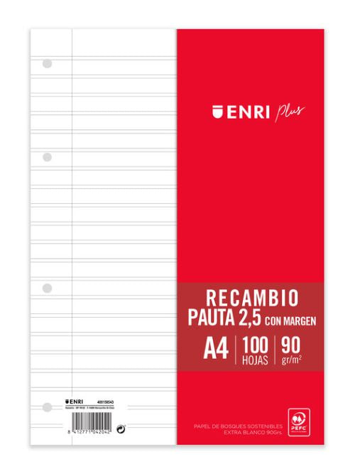 Recambio a4 100h 4 taladros 90g pauta 2,5 con margen enri
