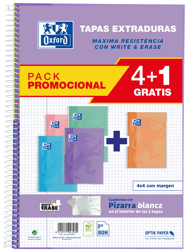 Pack 4+1 cuaderno espiral fº 80h 90g. cuad.4x4 c/m tapa extradura colores pastel