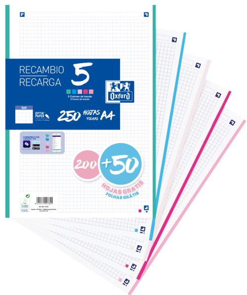 Recambio 5 multicolor a4 200+50h 90g 4 taladros cuadrícula 5x5 con 5 colores de banda pastel