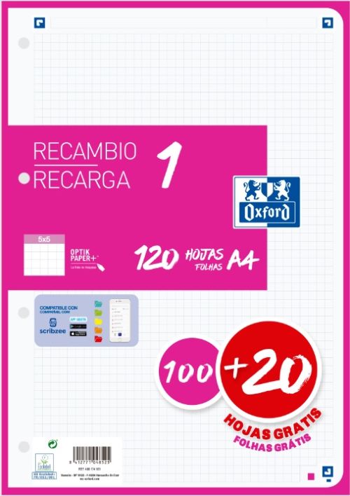 Recambio 1 color a4 100+20h 90g cuadricula 5x5 color banda fucsia