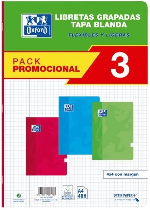 Pack 3 libretas a4 48h 90g. cuad.4x4 c/m colores rojo, verde y azul