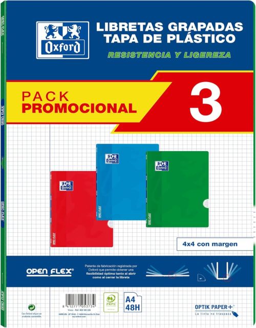 Pack 3 libretas openflex a4 48h 90g cuad.4x4 c/m colores rojo, verde y azul