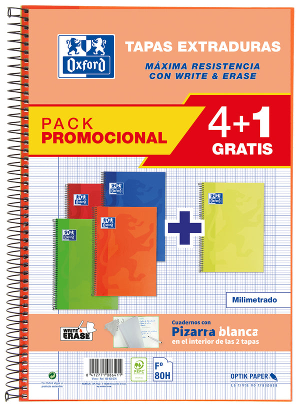 Paq/5 cuaderno espiral fº 80h 90g. milimetrado c/m tapa extradura colores surtidos