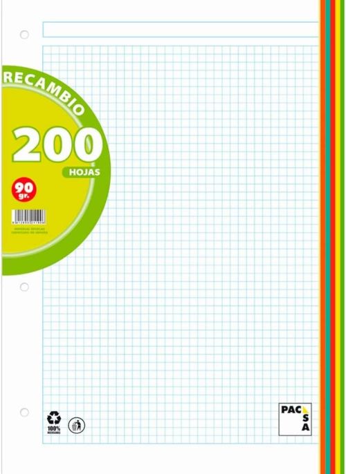 Recambio a4 200h 4 taladros 90g cuad.5x5 + greca 4 colores