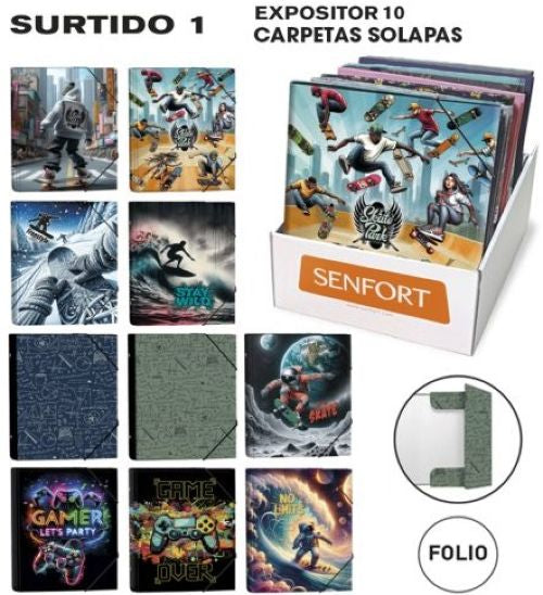 C/10 CARPETA GOMAS Y SOLAPAS DECORADO CHICO SURTIDAS