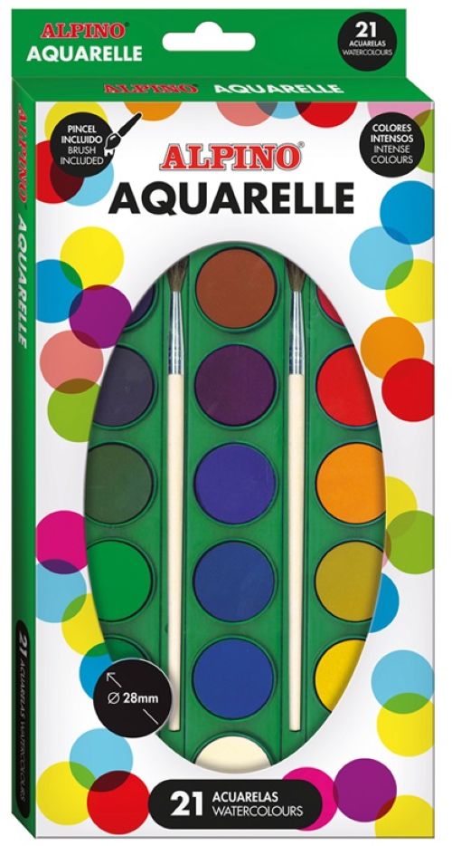Estuche 21 acuarelas alpino + 2 pinceles colores surtidos